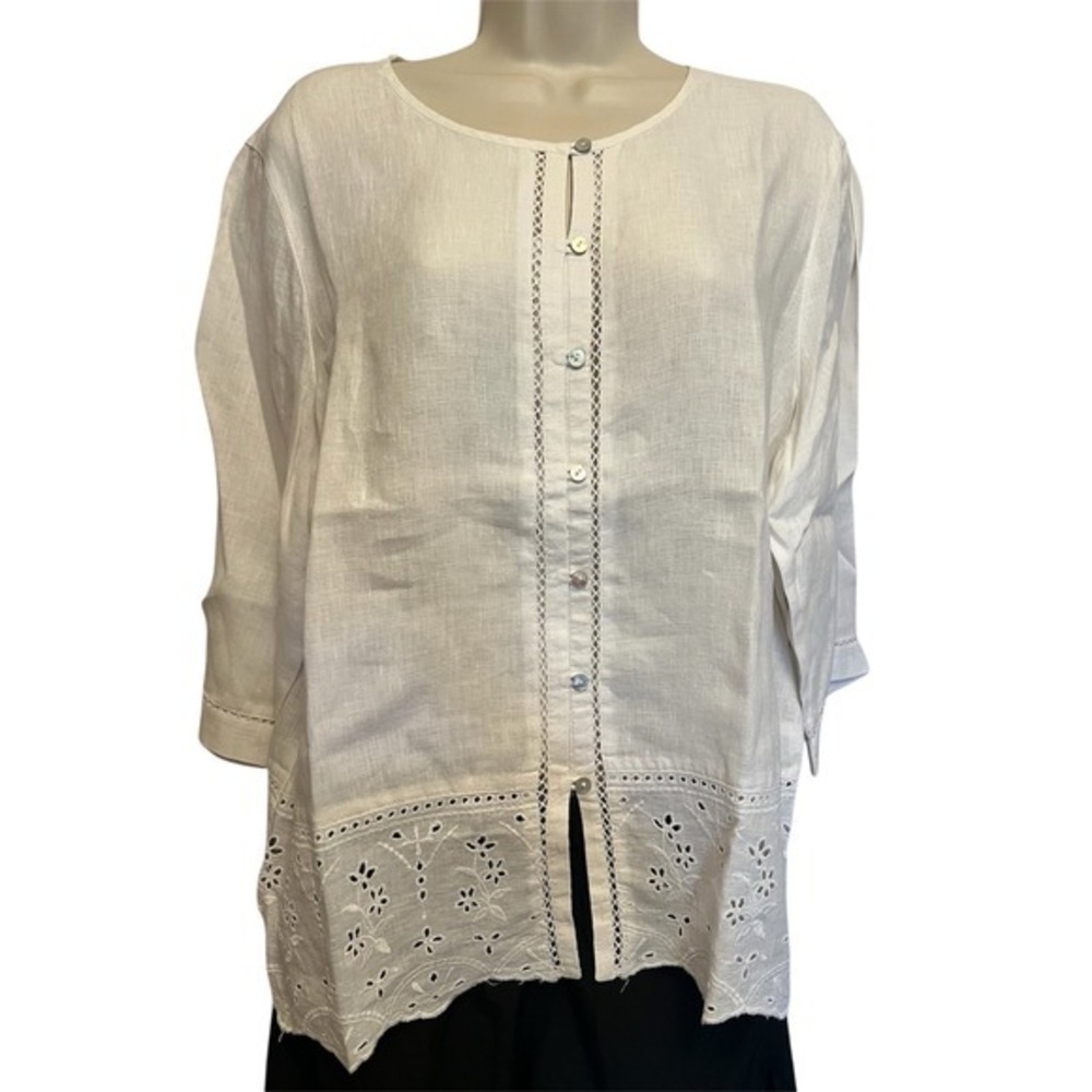 J. Jill Love Linen White Eyelet Embroidered Button Front Top Large Petite LP